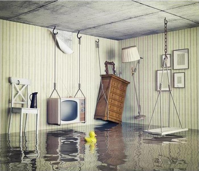 Chair hanging, tv hanging, furniture hanging, lamp hanging from flooded water, plastic yellow duct floating in water